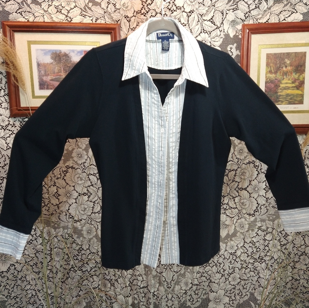 Denim&Co black grey striped shirt long sleeves stretchy button down layered look